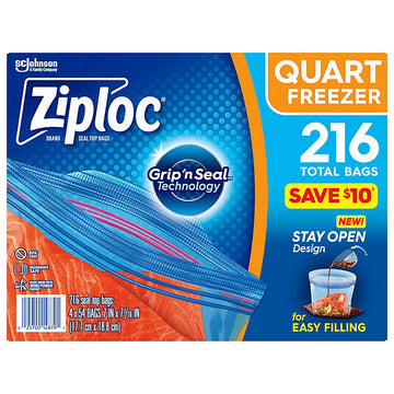 Ziploc Easy-Open Tabs Freezer Quart Bags with New Stay Open Design (216 ct.)