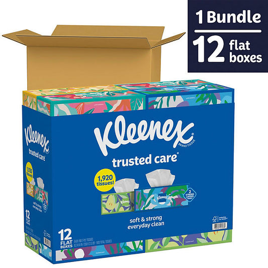 Kleenex Trusted Care 2-ply Facial Tissues, Flat Boxes (160 tissues/box, 12 boxes)