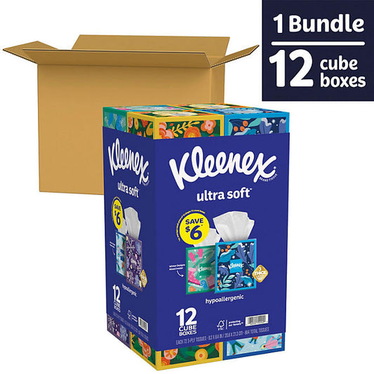 Kleenex Ultra Soft 3-Ply Facial Tissues, Cube Boxes (72 tissues/box, 12 boxes)