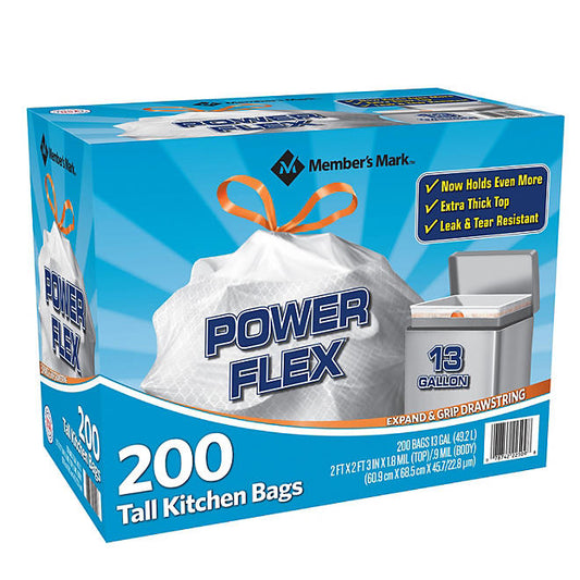 Member's Mark Power Flex Tall Kitchen Drawstring Trash Bags, Unscented (13 gal., 200 ct.)