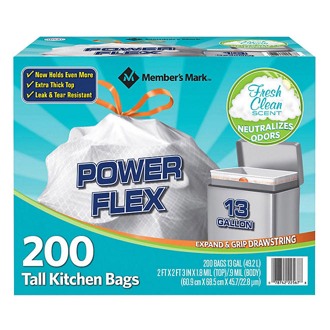 Member's Mark Power Flex Tall Kitchen Drawstring Trash Bags, Fresh Scent (13 gal., 200 ct.)