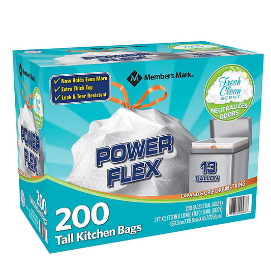 Member's Mark Power Flex Tall Kitchen Drawstring Trash Bags, Fresh Scent (13 gal., 200 ct.)