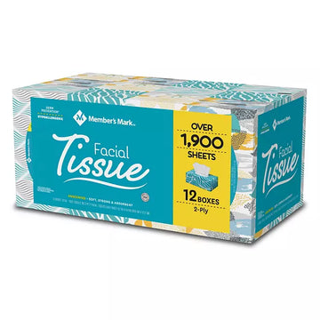 Member’s Mark 2-Ply Facial Tissues, Flat Boxes (160 tissues/box, 12 boxes)