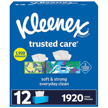 Kleenex Trusted Care 2-ply Facial Tissues, Flat Boxes (160 tissues/box, 12 boxes)