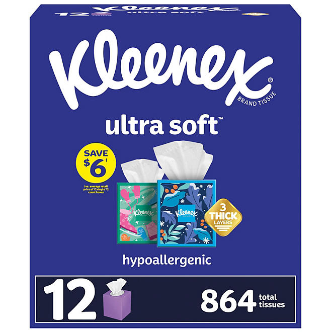 Kleenex Ultra Soft 3-Ply Facial Tissues, Cube Boxes (72 tissues/box, 12 boxes)