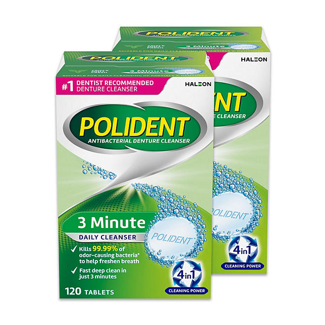 Polident 3-Minute Triple-Mint Antibacterial Denture Cleanser, Effervescent Tablets (240 ct.)