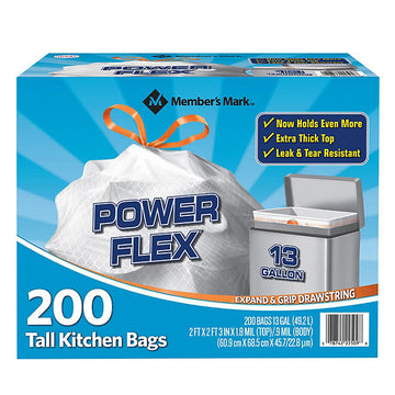 Member's Mark Power Flex Tall Kitchen Drawstring Trash Bags, Unscented (13 gal., 200 ct.)