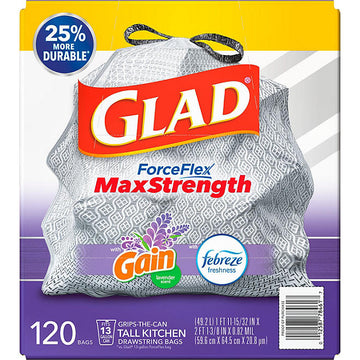 Glad ForceFlex Max Strength Tall Kitchen Drawstring Trash Bags, Gain Lavender (13 gal., 120 ct.)